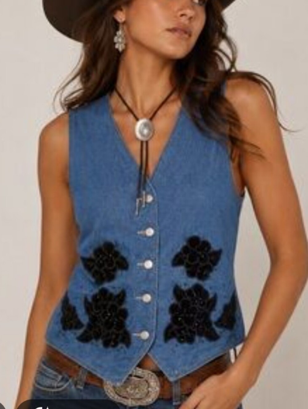 Denim Velvet Vest L Button Front Western Boho Layering Coastal Cowgirl Y2K